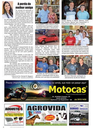 8 www.reportercapixaba.com
Sergio Neves e Higner Mansur, duas
das ilustres figuras que frequentam o
tradicional café Murad´s no centro.
Em pose especial para nosso fotógrafo,
uma pequena parte da simpática equipe
da Zanepan. A empresa oferece a preço
de atacado o que se tem de melhor em
artigos para festas. Vale a pena conferir!
Brunin e Marcelo: perfeição no
atendimento da Brunin Motos!
Erivelto da TOP Escapamento
garante a satisfação total de seus
clientes com serviços de qualidade!
O simpático casal Jesus e Luiza
da Molduraria Cachoeiro sempre
esbanjam simpatia e dinamismo.
Uma relíquia da famosa 2CV da
Citroën foi flagrada nas ruas de
Cachoeiro. Produzido entre 1948
e 1990, foi um dos modelos mais
populares da marca francesa com
cinco milhões de unidades vendidas.
Ter animais de estimação é
tudo de bom e, apenas nos
trazem benefícios, mas, infe-
lizmente eles não vivem tan-
to quanto gostaríamos, su-
portar a morte de um animal
de estimação pode ser traumático para o seu
dono, um acontecimento marcante que provo-
ca uma enorme dor a quem, durante anos e às
vezes décadas, com ele conviveu.
	 Pode até parecer exagero para al-
guns, mas pessoas que possuem uma rela-
ção próxima e de amor com seus animais e os
perdem, experimentam traumas tanto físicos
quanto emocionais enquanto tentam adaptar
suas vidas aos abalos trazidos pela perda.
	 Não podemos esquecer que amor
é amor e que amar um animal de estimação
não é diferente de amar uma pessoa. Esse tipo
de sentimento não é errado, e aprender a lidar
com a dor leva tempo. Não se permita e nem
tente minimizar os laços que partilhava com o
seu animal, independentemente do que as pes-
soas digam ou pensam.
	 Não apresse o esquecimento do seu
animal de estimação. Um animal não é uma
pessoa, mas é perfeitamente normal sofrer
com a morte de um ser com quem partilhou
parte de sua vida.
O tempo é o melhor remédio, e cura tudo. Se
der tempo ao tempo, a dor sossega e vai pro-
gressivamente recordando os bons momentos
e não a morte. Com o tempo, a dor cede seu
espaço e oferece seu lugar para as boas e di-
vertidas recordações.
	 Os animais são insubstituíveis, mas
não devemos desistir de ter um novo animal.
Os animais fazem-nos rir e as suas exigências
obrigam-nos a não desistir. Mas não se precipi-
te. Toda a família deve querer um novo membro
e este não deve ser visto como substituto, mas
como um animal independente e com um tem-
peramento próprio.
A perda do
melhor amigo
Coluna da Dra. Daniela M. Maggioni
CRMV/ES 01595 - Consultório na AGROVIDA
 