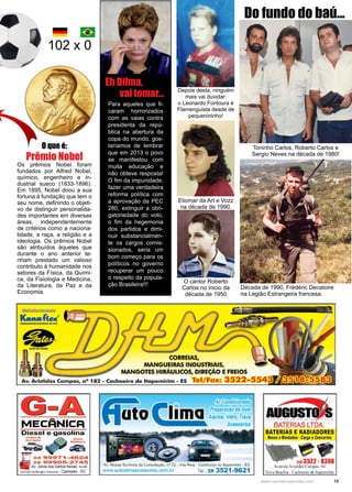 13www.reportercapixaba.com
Para aqueles que fi-
caram horrorizados
com as vaias contra
presidenta da repú-
blica na abertura da
copa do mundo, gos-
taríamos de lembrar
que em 2013 o povo
se manifestou com
muita educação e
não obteve resposta!
O fim da impunidade,
fazer uma verdadeira
reforma política com
a aprovação da PEC
280, extinguir a obri-
gatoriedade do voto,
o fim da hegemonia
dos partidos e dimi-
nuir substancialmen-
te os cargos comis-
sionados, seria um
bom começo para os
políticos no governo
recuperar um pouco
o respeito da popula-
ção Brasileira!!!
Eh Dilma,
vai tomar...
O que é:
Prêmio Nobel
Os prêmios Nobel foram
fundados por Alfred Nobel,
químico, engenheiro e in-
dustrial sueco (1833-1896).
Em 1895, Nobel doou a sua
fortuna à fundação que tem o
seu nome, definindo o objeti-
vo de distinguir personalida-
des importantes em diversas
áreas, independentemente
de critérios como a naciona-
lidade, a raça, a religião e a
ideologia. Os prêmios Nobel
são atribuídos àqueles que
durante o ano anterior te-
nham prestado um valioso
contributo à humanidade nos
setores da Física, da Quími-
ca, da Fisiologia e Medicina,
da Literatura, da Paz e da
Economia.
Depois desta, ninguém
mais vai duvidar:
o Leonardo Fontoura é
Flamenguista desde de
pequenininho!
Eliomar da Art e Vozz
na década de 1990.
O cantor Roberto
Carlos no inicio da
década de 1950
Toninho Carlos, Roberto Carlos e
Sergio Neves na década de 1980!
Década de 1990, Frédéric Decatoire
na Legião Estrangeira francesa.
Do fundo do baú...
102 x 0
 