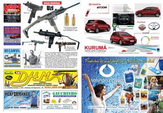 12 www.reportercapixaba.com 13www.reportercapixaba.com
A Uzi é uma pistola-metralhadora compacta, desenhada
por Uziel Gal (foto) após a Guerra Árabe-Israelita de
1948. O projeto foi baseado na CZ Modelo 25. A Uzi foi
adotada pelo exército israelense em 1951.
Mais de 90 países utilizam a Uzi e as suas variantes nas
suas forças armadas ou agências policiais. Atualmente
fabricada pela Israel Military Industries e FN Herstal, o
calibre mais comum desta arma é 9x19 mm Parabellum
(Luger) mas, existem versões em 22LR, 41AE e 45ACP.
As principais variantes da UZI são a Mini-Uzi e a Micro-
-Uzi (36 e 25 cm de comprimento respetivamentes).
Uzi
Uzi
Mini Uzi
Micro Uzi
Uziel Gal com o protótipo da
Uzi e uma Schmeisser MP40.
CZ 25
Armas históricas
Mini Uzi com
um silenciador
(supressor de ruído)
Foto tamanho real das
munições 45 ACP e
9mm Parabellum (Luger).
 