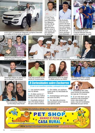 14 www.reportercapixaba.com
Só medalhas de ouro!
O Sensei Marcelo Dias for-
mando campeões no Judô!
A S10 2017 é irresistível! Segundo a própria Chevrolet
é a melhor S10 de todos os tempos!
A Cola Pneus
é o lugar certo
para alinhamen-
to e Balance-
amento 3D de
seu carro! O
gerente Darcy
Tirello Júnior e
sua equipe sem-
pre capricham
no serviço!
Na Andrade
Veículos tem
carros de exce-
lente procedên-
cia com preços
atraentes. Antes
de trocar de
carro verifique
com Ediones!
Marquinho da Marquinho Moto
é pré candidato a vereador. Flagrante na Pizza Lenha (Av. Beira Rio), uma das mais conceituada pizzaria de Cachoeiro!
Alexandre segue os passos do
pai na Borges Caminhões!
Tudo sob controle na Am-
biente Ar Condicionados
Atendimento VIP é no Salão
La Belle próximo ao INSS!
Na Plast Couro tem muitas
novidades! É bom conferir!
Têm promoções imperdíveis
no Pet Shop Casa Rural!
1 - Um cachorro adulto
tem 42 dentes.
2 - O olfato canino é 1
milhão de vezes melhor
do que o dos humanos.
3 - A audição canina é
dez (10) vezes melhor
do que a dos humanos.
4 - Em média, um cachorro
pode correr na velocidade de
30 km/h.
5 - A temperatura canina gira
em torno de 38ºC.
6 - Os cães são onívoros,
eles precisam comer mais do
que apenas carne.
7 - As pessoas têm cães
como bichos de estimação
há mais de 12 mil anos.
8 - É um mito dizer que os
cachorros não enxergam
cores, eles podem ver
cores, mas em tonalidades
diferentes do que vemos.
8 Curiosidades sobre Cachorros
O cão é um mamífero canídeo, subespécie do lobo.
 