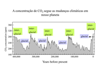 A concentração de CO2 segue as mudanças climáticas em
                    nosso planeta


                                                                         inter-
                     inter-                                              glacial
 inter-                              inter-              inter-
                     glacial
 glacial                             glacial             glacial
                                                                   glacial
           glacial             glacial
                                               glacial
 