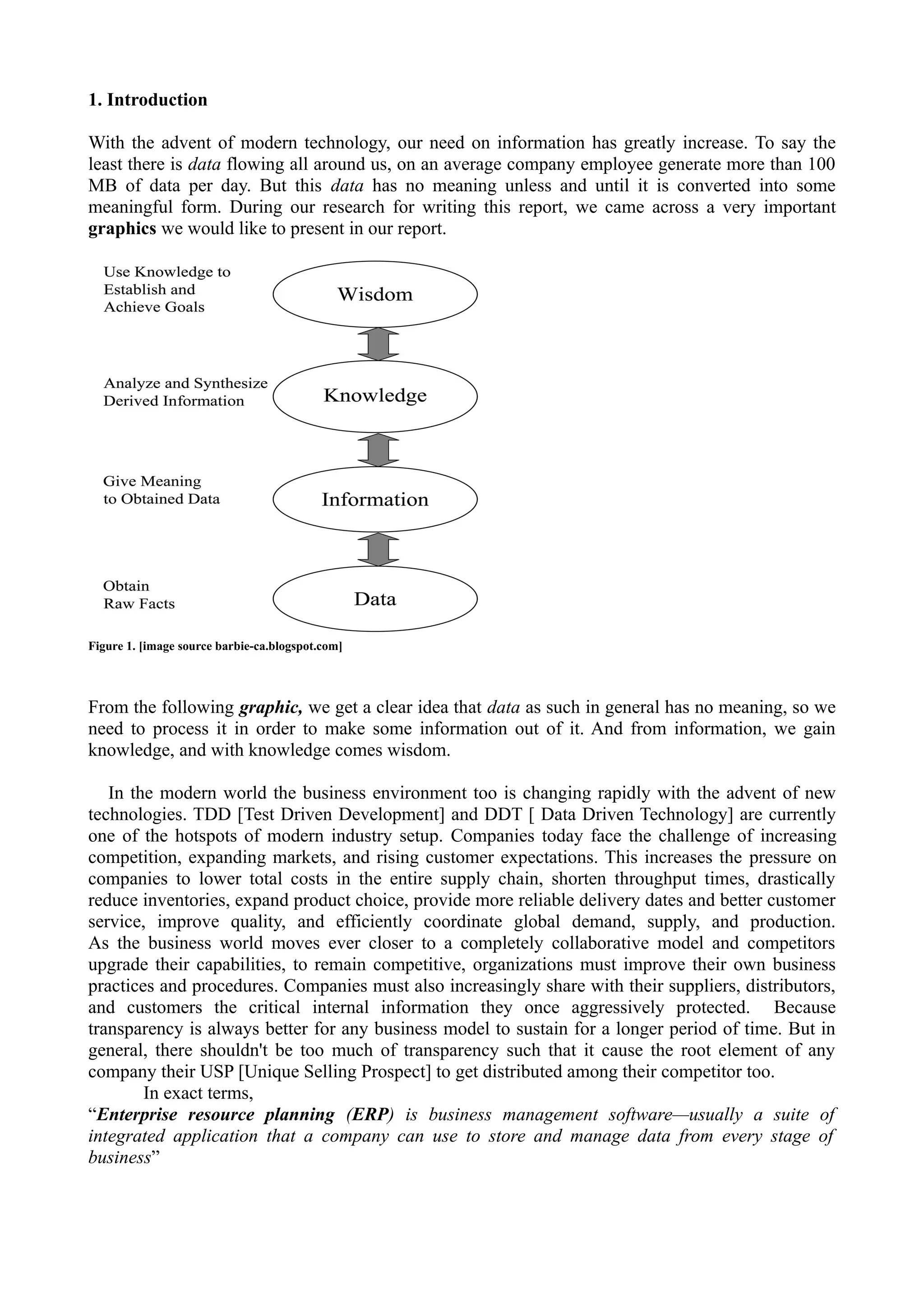 1. Introduction
With the advent of modern technology, our need on information has greatly increase. To say the
least there is data flowing all around us, on an average company employee generate more than 100
MB of data per day. But this data has no meaning unless and until it is converted into some
meaningful form. During our research for writing this report, we came across a very important
graphics we would like to present in our report.

Figure 1. [image source barbie-ca.blogspot.com]

From the following graphic, we get a clear idea that data as such in general has no meaning, so we
need to process it in order to make some information out of it. And from information, we gain
knowledge, and with knowledge comes wisdom.
In the modern world the business environment too is changing rapidly with the advent of new
technologies. TDD [Test Driven Development] and DDT [ Data Driven Technology] are currently
one of the hotspots of modern industry setup. Companies today face the challenge of increasing
competition, expanding markets, and rising customer expectations. This increases the pressure on
companies to lower total costs in the entire supply chain, shorten throughput times, drastically
reduce inventories, expand product choice, provide more reliable delivery dates and better customer
service, improve quality, and efficiently coordinate global demand, supply, and production.
As the business world moves ever closer to a completely collaborative model and competitors
upgrade their capabilities, to remain competitive, organizations must improve their own business
practices and procedures. Companies must also increasingly share with their suppliers, distributors,
and customers the critical internal information they once aggressively protected. Because
transparency is always better for any business model to sustain for a longer period of time. But in
general, there shouldn't be too much of transparency such that it cause the root element of any
company their USP [Unique Selling Prospect] to get distributed among their competitor too.
In exact terms,
“Enterprise resource planning (ERP) is business management software—usually a suite of
integrated application that a company can use to store and manage data from every stage of
business”

 