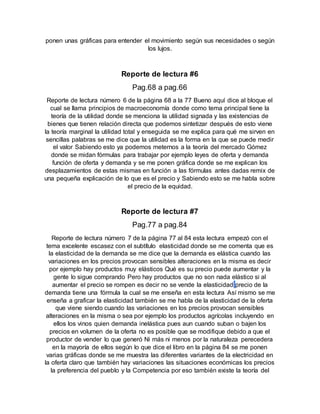 ponen unas gráficas para entender el movimiento según sus necesidades o según
los lujos.
Reporte de lectura #6
Pag.68 a pag.66
Reporte de lectura número 6 de la página 68 a la 77 Bueno aquí dice al bloque el
cual se llama principios de macroeconomía donde como tema principal tiene la
teoría de la utilidad donde se menciona la utilidad signada y las existencias de
bienes que tienen relación directa que podemos sintetizar después de esto viene
la teoría marginal la utilidad total y enseguida se me explica para qué me sirven en
sencillas palabras se me dice que la utilidad es la forma en la que se puede medir
el valor Sabiendo esto ya podemos meternos a la teoría del mercado Gómez
donde se midan fórmulas para trabajar por ejemplo leyes de oferta y demanda
función de oferta y demanda y se me ponen gráfica donde se me explican los
desplazamientos de estas mismas en función a las fórmulas antes dadas remix de
una pequeña explicación de lo que es el precio y Sabiendo esto se me habla sobre
el precio de la equidad.
Reporte de lectura #7
Pag.77 a pag.84
Reporte de lectura número 7 de la página 77 al 84 esta lectura empezó con el
tema excelente escasez con el subtítulo elasticidad donde se me comenta que es
la elasticidad de la demanda se me dice que la demanda es elástica cuando las
variaciones en los precios provocan sensibles alteraciones en la misma es decir
por ejemplo hay productos muy elásticos Qué es su precio puede aumentar y la
gente lo sigue comprando Pero hay productos que no son nada elástico si al
aumentar el precio se rompen es decir no se vende la elasticidad precio de la
demanda tiene una fórmula la cual se me enseña en esta lectura Así mismo se me
enseña a graficar la elasticidad también se me habla de la elasticidad de la oferta
que viene siendo cuando las variaciones en los precios provocan sensibles
alteraciones en la misma o sea por ejemplo los productos agrícolas incluyendo en
ellos los vinos quien demanda inelástica pues aun cuando suban o bajen los
precios en volumen de la oferta no es posible que se modifique debido a que el
productor de vender lo que generó Ni más ni menos por la naturaleza perecedera
en la mayoría de ellos según lo que dice el libro en la página 84 se me ponen
varias gráficas donde se me muestra las diferentes variantes de la electricidad en
la oferta claro que también hay variaciones las situaciones económicas los precios
la preferencia del pueblo y la Competencia por eso también existe la teoría del
 