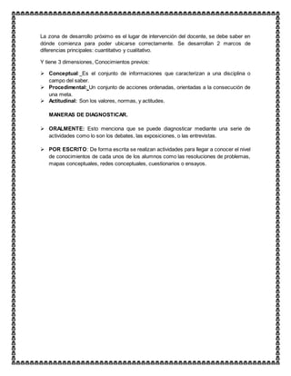 La zona de desarrollo próximo es el lugar de intervención del docente, se debe saber en
dónde comienza para poder ubicarse correctamente. Se desarrollan 2 marcos de
diferencias principales: cuantitativo y cualitativo.
Y tiene 3 dimensiones, Conocimientos previos:
 Conceptual: Es el conjunto de informaciones que caracterizan a una disciplina o
campo del saber.
 Procedimental: Un conjunto de acciones ordenadas, orientadas a la consecución de
una meta.
 Actitudinal: Son los valores, normas, y actitudes.
MANERAS DE DIAGNOSTICAR.
 ORALMENTE: Esto menciona que se puede diagnosticar mediante una serie de
actividades como lo son los debates, las exposiciones, o las entrevistas.
 POR ESCRITO: De forma escrita se realizan actividades para llegar a conocer el nivel
de conocimientos de cada unos de los alumnos como las resoluciones de problemas,
mapas conceptuales, redes conceptuales, cuestionarios o ensayos.
 