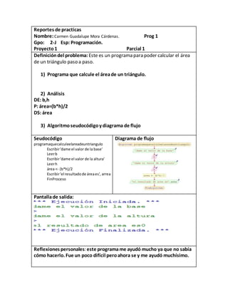 Reportes de practicas
Nombre: Carmen Guadalupe Mora Cárdenas. Prog 1
Gpo: 2-J Esp: Programación.
Proyecto1 Parcial 1
Defin...
