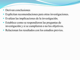  Derivan conclusiones
 Explicitan recomendaciones para otras investigaciones.
 Evalúan las implicaciones de la investigación.
 Establece como se respondieron las preguntas de
investigación y si se cumplieron o no los objetivos.
 Relacionan los resultados con los estudios previos.
 