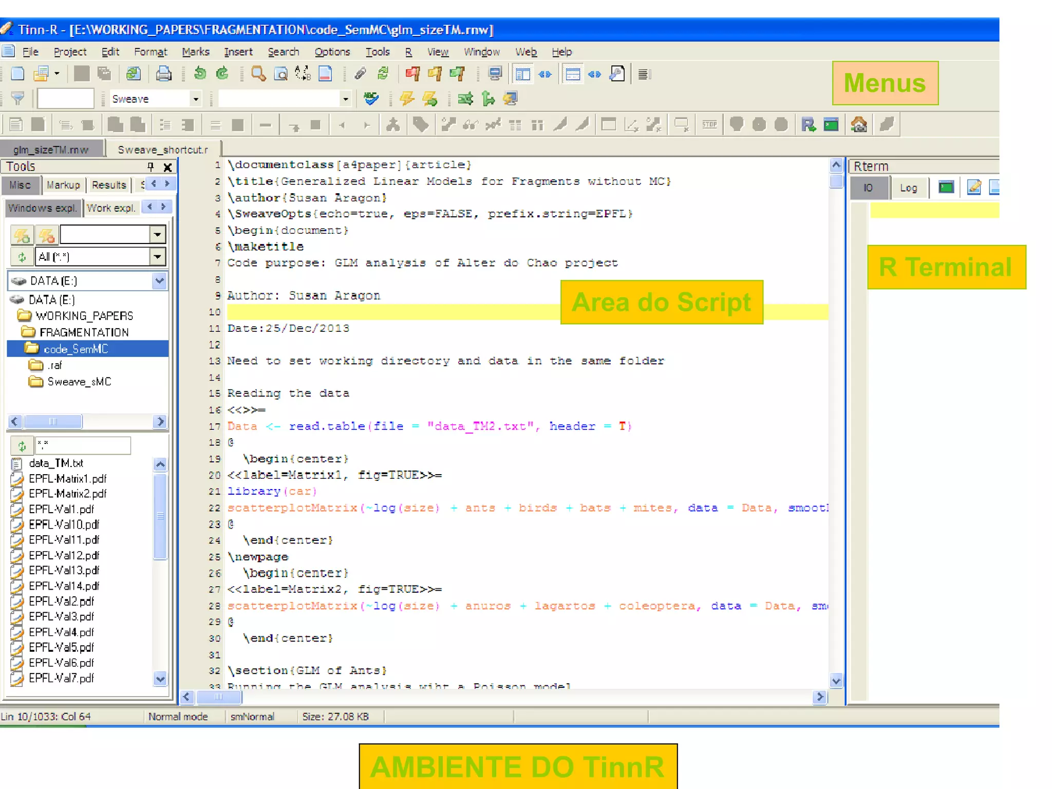 AMBIENTE DO TinnR
R Terminal
Area do Script
Menus
 