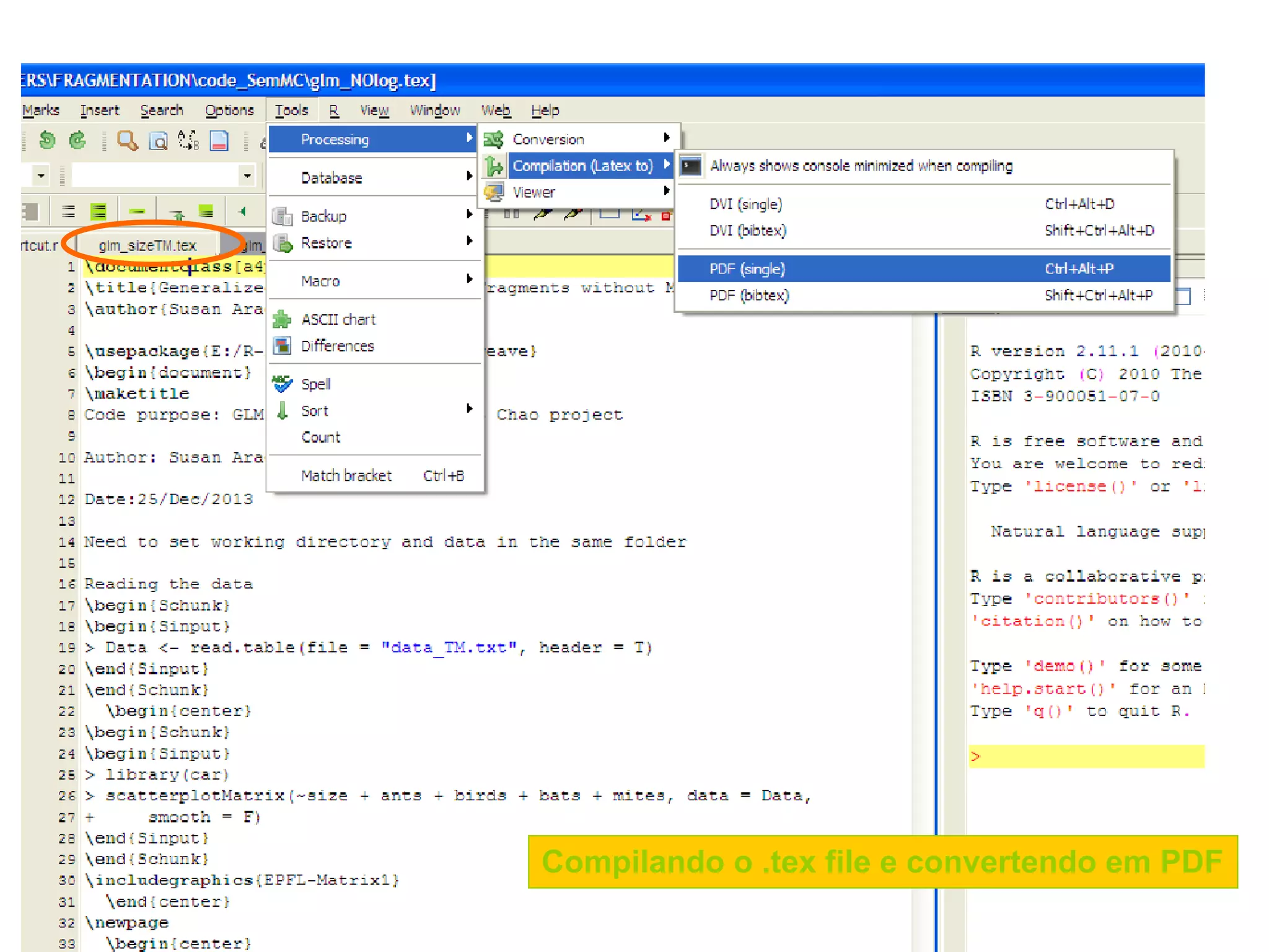 Compilando o .tex file e convertendo em PDF
 