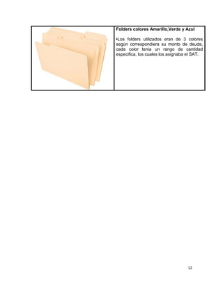 12
Folders colores Amarillo,Verde y Azul
•Los folders utilizados eran de 3 colores
según correspondiera su monto de deuda,
cada color tenia un rango de cantidad
especifica, los cuales los asignaba el SAT.
 