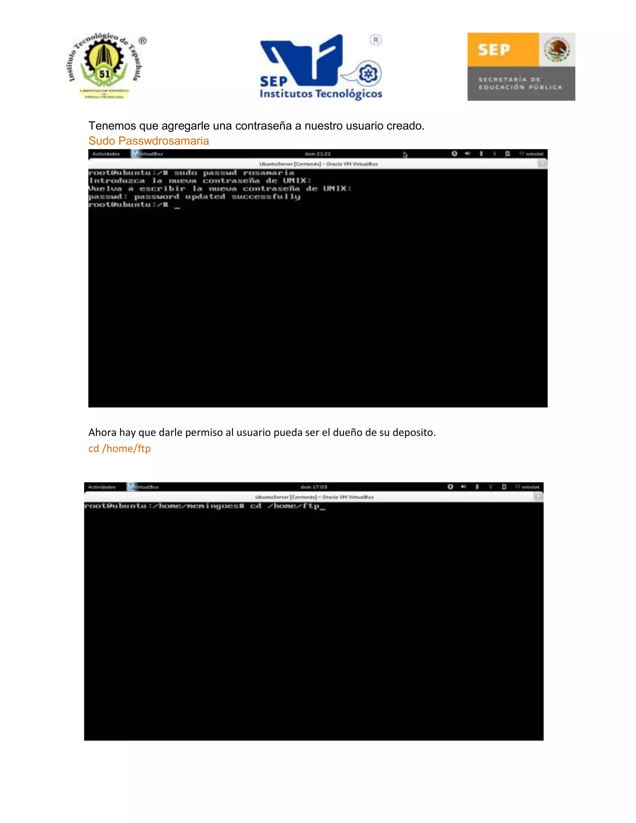 Tenemos que agregarle una contraseña a nuestro usuario creado.
Sudo Passwdrosamaria

Ahora hay que darle permiso al usuario pueda ser el dueño de su deposito.
cd /home/ftp

 