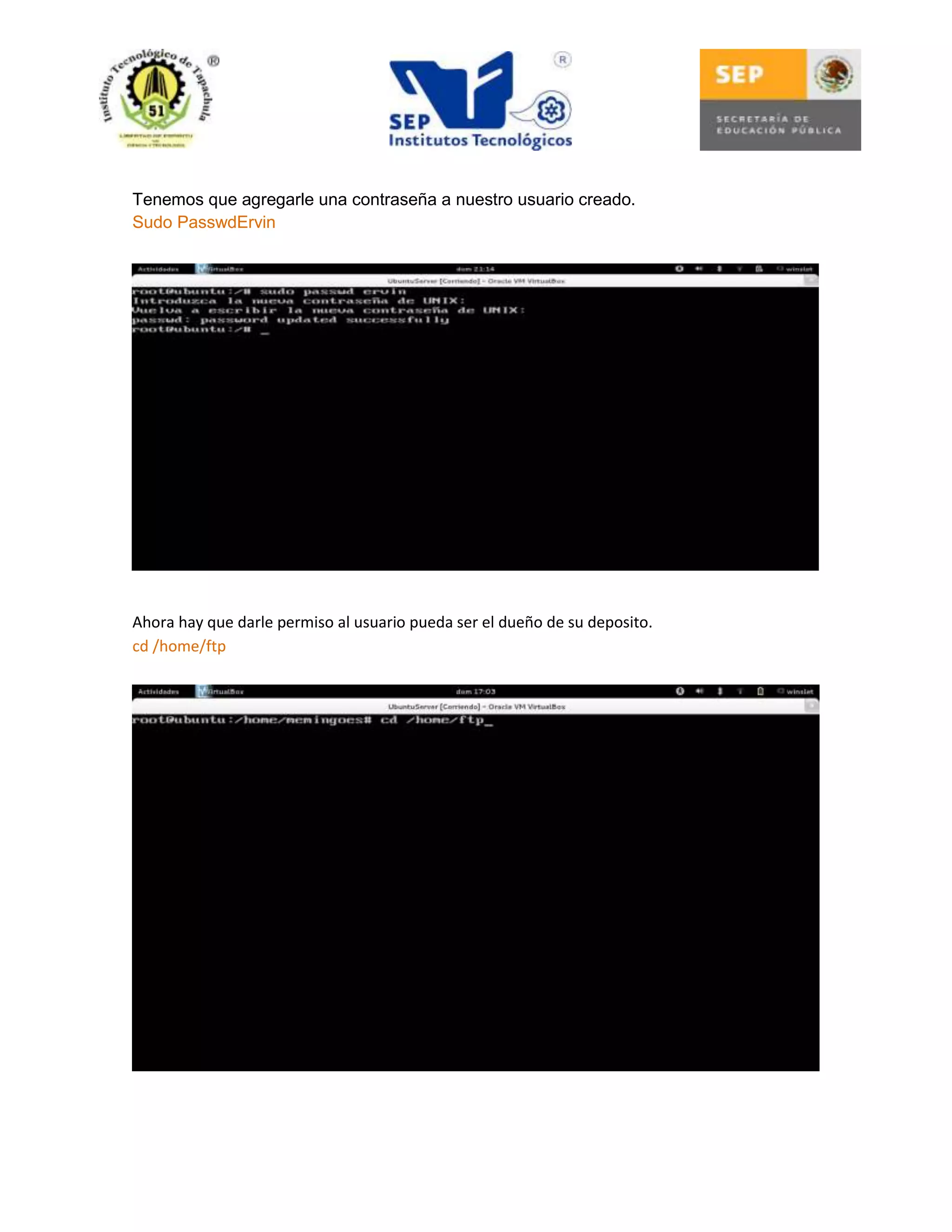 Tenemos que agregarle una contraseña a nuestro usuario creado.
Sudo PasswdErvin

Ahora hay que darle permiso al usuario pueda ser el dueño de su deposito.
cd /home/ftp

 