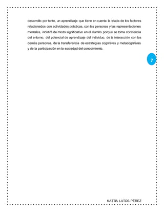 KATTIA LATOS PÉREZ
7
desarrollo por tanto, un aprendizaje que tiene en cuenta la tríada de los factores
relacionados con actividades prácticas, con las personas y las representaciones
mentales, incidirá de modo significativo en el alumno porque se toma conciencia
del entorno, del potencial de aprendizaje del individuo, de la interacción con las
demás personas, de la transferencia de estrategias cognitivas y metacognitivas
y de la participación en la sociedad del conocimiento.
 