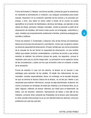 KATTIA LATOS PÉREZ
9
Forma de Enseñar 2: Mostrar una forma sencilla y directa de guiar la enseñanza
es mediante la demostración e imitación. Las antiguas sociedades para poder
avanzar requirieron en su evolución aprender de los errores y no proceder por
ensayo y error, ese saber en activo saber a través de la acción se puede
ejemplificar en el sector de habilidades y técnicas de trabajo, por ejemplo en las
clases de dibujo, gimnasia, trabajos manuales, donde se aprende a partir de la
observación de modelos, del mismo modo ocurre con el lenguaje, costumbres y
usos, modelos de comportamiento profesional o familiar, prácticas pedagógicas,
sociales y políticas.
Forma de enseñar 3: Contemplar y observar Una de las formas de enseñanza
básica es el proceso de percepción y asimilación, mismo que se genera cuando
se educa la capacidad de observación. El autor señala que uno de los propósitos
de la escuela ha de ser formar la capacidad de observación, en ese sentido
refiere que existen hombres contemplativos y hombres de acción y que ambos
estudian la realidad, los primeros porque les gusta, los segundos, porque lo
necesitan para que su acción tenga éxito. La percepción es la captación activa
de las circunstancias y datos con los que el hombre entra en contacto a través
de la sensación.
Forma de enseñar 4: Leer con los alumno, la lectura es un recurso o una
estrategia para aprender de los adultos. El adulto lee instrucciones de uso,
manuales, revistas especializadas, libros, sin embargo, en la escuela después
de que se domina la técnica básica de la lectura, no se lee por interés o por
necesidad para obtener información, porque se deja abandonado al alumno así
mismo y la lectura en el trabajo de todas las materias o en el tiempo libre, es un
ideal. Algunos métodos de lectura referidos por Aebli para el tratamiento de
textos, son de resumen, retención, reproducción de textos y más allá de los
métodos, conviene tener presente las finalidades de la lectura para trascender
la rutina escolar diaria porque no se ve con claridad tanto por alumnos como por
profesores por qué hay que leer.
 