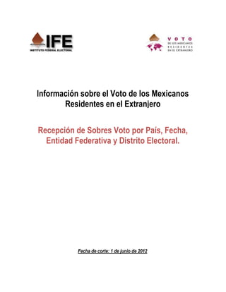 Información sobre el Voto de los Mexicanos
       Residentes en el Extranjero

Recepción de Sobres Voto por País, Fecha,
  Entidad Federativa y Distrito Electoral.




           Fecha de corte: 1 de junio de 2012
 