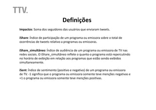 Definições
Impactos: Soma dos seguidores das usuários que enviaram tweets.

iShare: Índice de participação de um programa ou emissora sobre o total de
ocorrências de tweets relativo a programas ou emissoras.

iShare_simultâneo: Índice de audiência de um programa ou emissora de TV nas
redes sociais. O iShare_simultâneo reflete o quanto o programa está repercutindo
no horário de exibição em relação aos programas que estão sendo exibidos
simultaneamente.

iSent: Índice de sentimento (positivo e negativo) de um programa ou emissora
de TV. -1 significa que o programa ou emissora somente teve menções negativas e
+1 o programa ou emissora somente teve menções positivas.
 