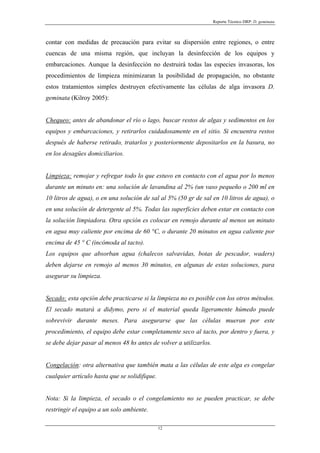 Reporte Técnico DRP: D. geminata



contar con medidas de precaución para evitar su dispersión entre regiones, o entre
cuencas de una misma región, que incluyan la desinfección de los equipos y
embarcaciones. Aunque la desinfección no destruirá todas las especies invasoras, los
procedimientos de limpieza minimizaran la posibilidad de propagación, no obstante
estos tratamientos simples destruyen efectivamente las células de alga invasora D.
geminata (Kilroy 2005):


Chequeo: antes de abandonar el río o lago, buscar restos de algas y sedimentos en los
equipos y embarcaciones, y retirarlos cuidadosamente en el sitio. Si encuentra restos
después de haberse retirado, tratarlos y posteriormente depositarlos en la basura, no
en los desagües domiciliarios.


Limpieza: remojar y refregar todo lo que estuvo en contacto con el agua por lo menos
durante un minuto en: una solución de lavandina al 2% (un vaso pequeño o 200 ml en
10 litros de agua), o en una solución de sal al 5% (50 gr de sal en 10 litros de agua), o
en una solución de detergente al 5%. Todas las superficies deben estar en contacto con
la solución limpiadora. Otra opción es colocar en remojo durante al menos un minuto
en agua muy caliente por encima de 60 °C, o durante 20 minutos en agua caliente por
encima de 45 ° C (incómoda al tacto).
Los equipos que absorban agua (chalecos salvavidas, botas de pescador, waders)
deben dejarse en remojo al menos 30 minutos, en algunas de estas soluciones, para
asegurar su limpieza.


Secado: esta opción debe practicarse si la limpieza no es posible con los otros métodos.
El secado matará a didymo, pero si el material queda ligeramente húmedo puede
sobrevivir durante meses. Para asegurarse que las células mueran por este
procedimiento, el equipo debe estar completamente seco al tacto, por dentro y fuera, y
se debe dejar pasar al menos 48 hs antes de volver a utilizarlos.


Congelación: otra alternativa que también mata a las células de este alga es congelar
cualquier artículo hasta que se solidifique.


Nota: Si la limpieza, el secado o el congelamiento no se pueden practicar, se debe
restringir el equipo a un solo ambiente.

                                               12
 