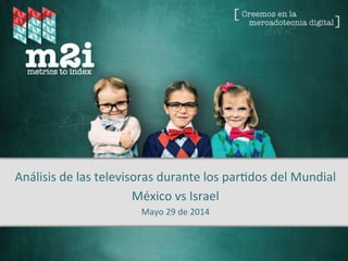 Fuente:	
  Metrics	
  to	
  Index	
  –	
  2014	
  
Análisis	
  de	
  la	
  cobertura	
  en	
  medios	
  del	
  par3do	
  
México	
  vs	
  Israel	
  
Mayo	
  29	
  de	
  2014	
  
 