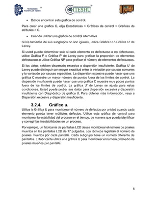 8
• Dónde encontrar esta gráfica de control.
Para crear una gráfica C, elija Estadísticas > Gráficas de control > Gráficas de
atributos > C.
• Cuando utilizar una gráfica de control alternativa.
Si los tamaños de sus subgrupos no son iguales, utilice Gráfica U o Gráfica U' de
Laney.
Si usted puede determinar solo si cada elemento es defectuoso o no defectuoso,
utilice Gráfica P o Gráfica P' de Laney para graficar la proporción de elementos
defectuosos o utilice Gráfica NP para graficar el número de elementos defectuosos.
Si los datos exhiben dispersión excesiva o dispersión insuficiente, Gráfica U' de
Laney puede distinguir con mayor exactitud entre la variación por causas comunes
y la variación por causas especiales. La dispersión excesiva puede hacer que una
gráfica C muestre un mayor número de puntos fuera de los límites de control. La
dispersión insuficiente puede hacer que una gráfica C muestre muy pocos puntos
fuera de los límites de control. La gráfica U' de Laney se ajusta para estas
condiciones. Usted puede probar sus datos para dispersión excesiva y dispersión
insuficiente con Diagnóstico de gráfica U. Para obtener más información, vaya a
Dispersión excesiva y dispersión insuficiente.
3.2.4. Gráfico u.
Utilice la Gráfica U para monitorear el número de defectos por unidad cuando cada
elemento pueda tener múltiples defectos. Utilice esta gráfica de control para
monitorear la estabilidad del proceso en el tiempo, de manera que pueda identificar
y corregir las inestabilidades en un proceso.
Por ejemplo, un fabricante de pantallas LCD desea monitorear el número de píxeles
muertos en las pantallas LCD de 17 pulgadas. Los técnicos registran el número de
píxeles muertos por cada pantalla. Cada subgrupo tiene un número diferente de
pantallas. El fabricante utiliza una gráfica U para monitorear el número promedio de
píxeles muertos por pantalla.
 