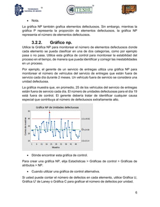 6
• Nota.
La gráfica NP también grafica elementos defectuosos. Sin embargo, mientras la
gráfica P representa la proporción de elementos defectuosos, la gráfica NP
representa el número de elementos defectuosos.
3.2.2. Gráfico np.
Utilice la Gráfica NP para monitorear el número de elementos defectuosos donde
cada elemento se pueda clasificar en una de dos categorías, como por ejemplo
pasa o no pasa. Utilice esta gráfica de control para monitorear la estabilidad del
proceso en el tiempo, de manera que pueda identificar y corregir las inestabilidades
en un proceso.
Por ejemplo, el gerente de un servicio de entregas utiliza una gráfica NP para
monitorear el número de vehículos del servicio de entregas que están fuera de
servicio cada día durante 2 meses. Un vehículo fuera de servicio se considera una
unidad defectuosa.
La gráfica muestra que, en promedio, 25 de los vehículos del servicio de entregas
están fuera de servicio cada día. El número de unidades defectuosas para el día 19
está fuera de control. El gerente debería tratar de identificar cualquier causa
especial que contribuya al número de defectuosos extrañamente alto.
• Dónde encontrar esta gráfica de control.
Para crear una gráfica NP, elija Estadísticas > Gráficas de control > Gráficas de
atributos > NP.
• Cuando utilizar una gráfica de control alternativa.
Si usted puede contar el número de defectos en cada elemento, utilice Gráfica U,
Gráfica U' de Laney o Gráfica C para graficar el número de defectos por unidad.
 