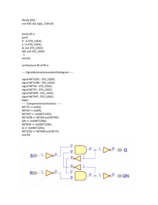 library IEEE;
use IEEE.std_logic_1164.all;

entity RS is
port(
R : in STD_LOGIC;
S : in STD_LOGIC;
Q :out STD_LOGIC;
QN :out STD_LOGIC
);
end RS;
architecture RS of RS is
---- Signaldeclarationsusedonthediagram ---signal NET1201 : STD_LOGIC;
signal NET1296 : STD_LOGIC;
signal NET64 : STD_LOGIC;
signal NET75 : STD_LOGIC;
signal NET839 : STD_LOGIC;
signal NET947 : STD_LOGIC;
begin
---- Componentinstantiations ---NET75 <= not(S);
NET64 <= not(R);
NET947 <= not(NET1201);
NET1296 <= NET64 and NET947;
QN <= not(NET1296);
NET839 <= not(NET1296);
Q <= not(NET1201);
NET1201 <= NET839 and NET75;
end RS;

 