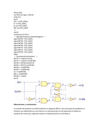 library IEEE;
use IEEE.std_logic_1164.all;
entity D is
port(
CLK : in STD_LOGIC;
D : in STD_LOGIC;
Q :out STD_LOGIC;
QN :out STD_LOGIC
);
end D;
architecture D of D is
---- Signaldeclarationsusedonthediagram ---signal NET46 : STD_LOGIC;
signal NET49 : STD_LOGIC;
signal NET60 : STD_LOGIC;
signal NET66 : STD_LOGIC;
signal NET72 : STD_LOGIC;
signal NET74 : STD_LOGIC;
signal NET90 : STD_LOGIC;
begin
---- Componentinstantiations ---NET74 <= not(CLK and D);
NET72 <= not(CLK and NET90);
NET49 <= NET60 and NET74;
NET46 <= NET72 and NET66;
NET66 <= not(NET49);
NET60 <= not(NET46);
Q <= not(NET49);
QN <= not(NET46);
NET90 <= not(D);
end D

Observaciones y conclusiones:
La creación del proyecto se realizó mediante un diagrama BDE el cual al principio dio problemas al
conectar una salida externa y una interna a un solo punto por lo cual separamos la salida con
ayuda de dos inversores, logrando realizar la implementación en el kit Basys 2.

 