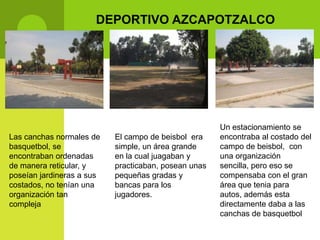 DEPORTIVO AZCAPOTZALCO




                                                      Un estacionamiento se
Las canchas normales de    El campo de beisbol era    encontraba al costado del
basquetbol, se             simple, un área grande     campo de beisbol, con
encontraban ordenadas      en la cual juagaban y      una organización
de manera reticular, y     practicaban, posean unas   sencilla, pero eso se
poseían jardineras a sus   pequeñas gradas y          compensaba con el gran
costados, no tenían una    bancas para los            área que tenia para
organización tan           jugadores.                 autos, además esta
compleja                                              directamente daba a las
                                                      canchas de basquetbol
 