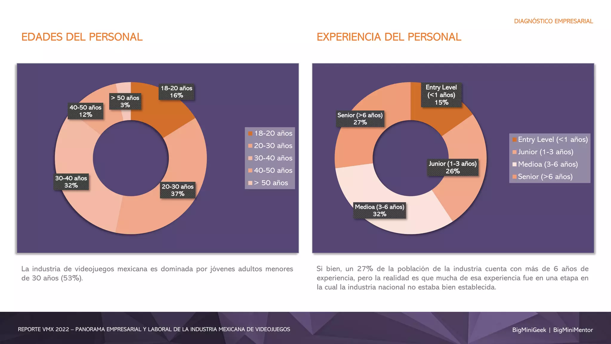 BigMiniGeek | BigMiniMentor
REPORTE VMX 2022 – PANORAMA EMPRESARIAL Y LABORAL DE LA INDUSTRIA MEXICANA DE VIDEOJUEGOS
DIAGNÓSTICO EMPRESARIAL
18-20 años
16%
20-30 años
37%
30-40 años
32%
40-50 años
12%
> 50 años
3%
18-20 años
20-30 años
30-40 años
40-50 años
> 50 años
Entry Level
(<1 años)
15%
Junior (1-3 años)
26%
Medioa (3-6 años)
32%
Senior (>6 años)
27%
Entry Level (<1 años)
Junior (1-3 años)
Medioa (3-6 años)
Senior (>6 años)
EDADES DEL PERSONAL EXPERIENCIA DEL PERSONAL
La industria de videojuegos mexicana es dominada por jóvenes adultos menores
de 30 años (53%).
Si bien, un 27% de la población de la industria cuenta con más de 6 años de
experiencia, pero la realidad es que mucha de esa experiencia fue en una etapa en
la cual la industria nacional no estaba bien establecida.
 