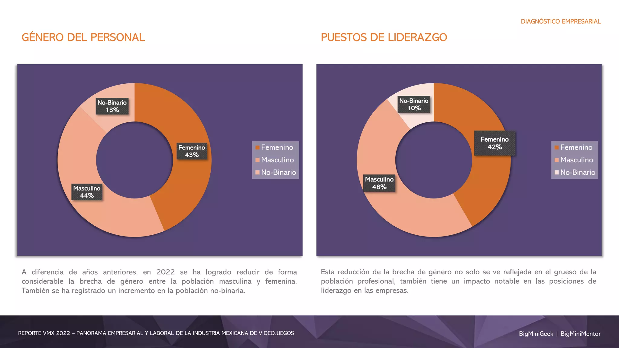 BigMiniGeek | BigMiniMentor
REPORTE VMX 2022 – PANORAMA EMPRESARIAL Y LABORAL DE LA INDUSTRIA MEXICANA DE VIDEOJUEGOS
DIAGNÓSTICO EMPRESARIAL
Femenino
43%
Masculino
44%
No-Binario
13%
Femenino
Masculino
No-Binario
Femenino
42%
Masculino
48%
No-Binario
10%
Femenino
Masculino
No-Binario
GÉNERO DEL PERSONAL PUESTOS DE LIDERAZGO
A diferencia de años anteriores, en 2022 se ha logrado reducir de forma
considerable la brecha de género entre la población masculina y femenina.
También se ha registrado un incremento en la población no-binaria.
Esta reducción de la brecha de género no solo se ve reflejada en el grueso de la
población profesional, también tiene un impacto notable en las posiciones de
liderazgo en las empresas.
 