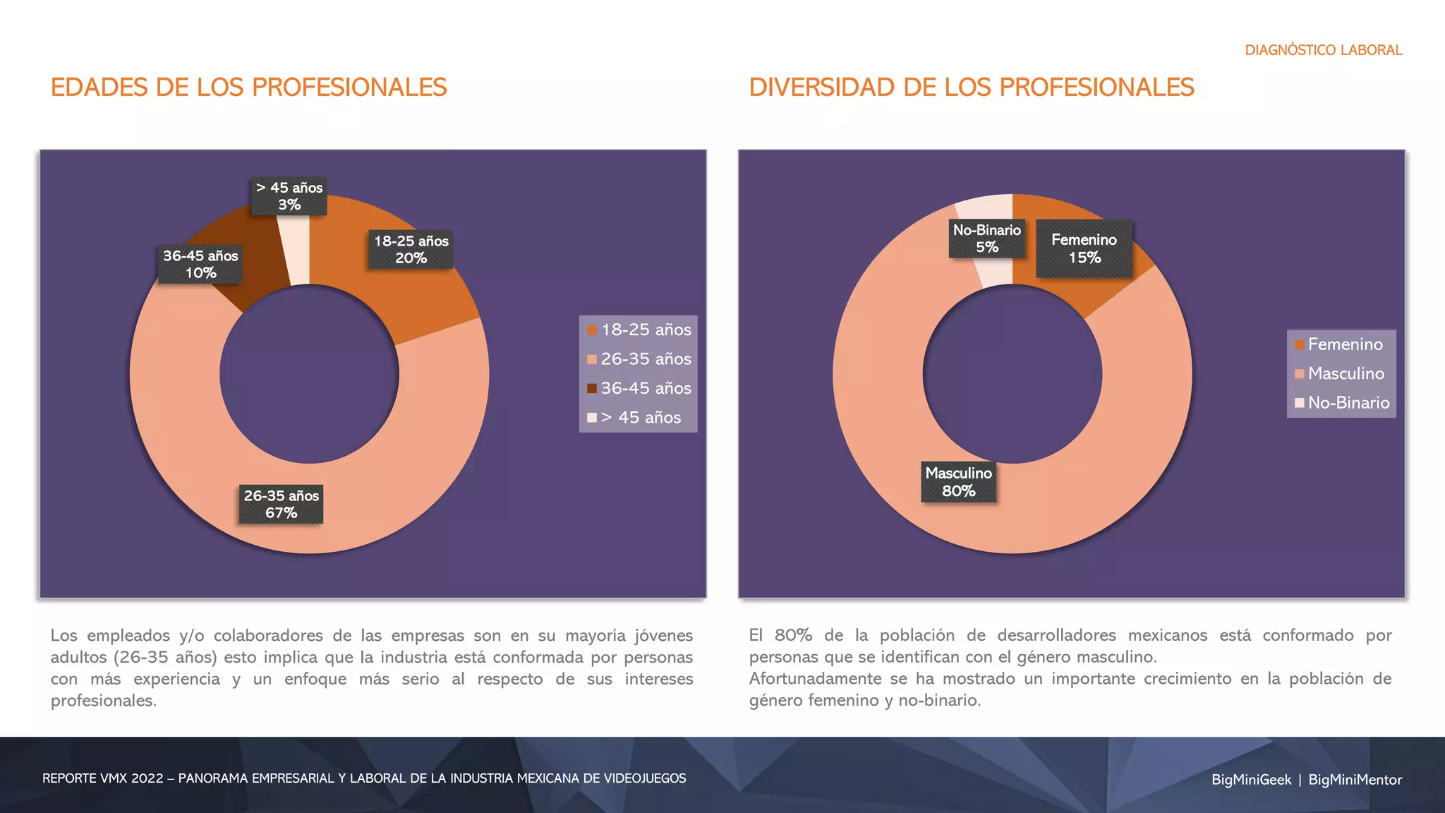 BigMiniGeek | BigMiniMentor
REPORTE VMX 2022 – PANORAMA EMPRESARIAL Y LABORAL DE LA INDUSTRIA MEXICANA DE VIDEOJUEGOS
DIAGNÓSTICO LABORAL
18-25 años
20%
26-35 años
67%
36-45 años
10%
> 45 años
3%
18-25 años
26-35 años
36-45 años
> 45 años
EDADES DE LOS PROFESIONALES DIVERSIDAD DE LOS PROFESIONALES
Los empleados y/o colaboradores de las empresas son en su mayoría jóvenes
adultos (26-35 años) esto implica que la industria está conformada por personas
con más experiencia y un enfoque más serio al respecto de sus intereses
profesionales.
El 80% de la población de desarrolladores mexicanos está conformado por
personas que se identifican con el género masculino.
Afortunadamente se ha mostrado un importante crecimiento en la población de
género femenino y no-binario.
Femenino
15%
Masculino
80%
No-Binario
5%
Femenino
Masculino
No-Binario
 