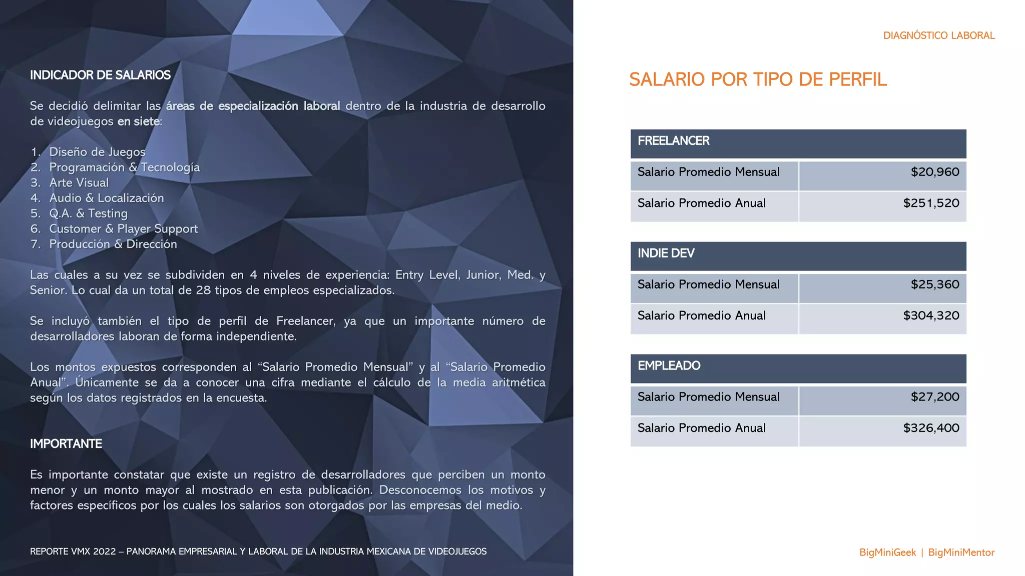 INDICADOR DE SALARIOS
Se decidió delimitar las áreas de especialización laboral dentro de la industria de desarrollo
de videojuegos en siete:
1. Diseño de Juegos
2. Programación & Tecnología
3. Arte Visual
4. Audio & Localización
5. Q.A. & Testing
6. Customer & Player Support
7. Producción & Dirección
Las cuales a su vez se subdividen en 4 niveles de experiencia: Entry Level, Junior, Med. y
Senior. Lo cual da un total de 28 tipos de empleos especializados.
Se incluyó también el tipo de perfil de Freelancer, ya que un importante número de
desarrolladores laboran de forma independiente.
Los montos expuestos corresponden al “Salario Promedio Mensual” y al “Salario Promedio
Anual”. Únicamente se da a conocer una cifra mediante el cálculo de la media aritmética
según los datos registrados en la encuesta.
IMPORTANTE
Es importante constatar que existe un registro de desarrolladores que perciben un monto
menor y un monto mayor al mostrado en esta publicación. Desconocemos los motivos y
factores específicos por los cuales los salarios son otorgados por las empresas del medio.
FREELANCER
Salario Promedio Mensual $20,960
Salario Promedio Anual $251,520
SALARIO POR TIPO DE PERFIL
BigMiniGeek | BigMiniMentor
DIAGNÓSTICO LABORAL
REPORTE VMX 2022 – PANORAMA EMPRESARIAL Y LABORAL DE LA INDUSTRIA MEXICANA DE VIDEOJUEGOS
INDIE DEV
Salario Promedio Mensual $25,360
Salario Promedio Anual $304,320
EMPLEADO
Salario Promedio Mensual $27,200
Salario Promedio Anual $326,400
 