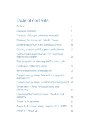 Table of contents
Preface			

5

Executive summary			

6

The state of Europe: Where do we stand?			

9

Shrinking the democratic deficit in Europe			

13

Building citizen trust in the European project			

16

Creating a meaningful European political union	

23

On the road to political union: The question of
national sovereignty			

28

First things first: Addressing the Eurozone crisis	

33

Building an EU banking union			

35

Beyond stabilisation and regulation			

38

Europe’s energy future: Policies for supply-side
management			

43

Europe’s energy future: Demand-side management	 48
Smart cities: A force for sustainability and
democracy			

51

Leveraging the ‘creative couple’ of culture and
economy			

56

Annex I – Programme 			

63

Annex II – European Young Leaders 2012 - 2013	

71

Annex III – About Us			

86

 