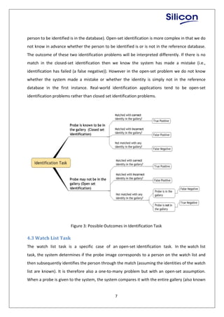 7
person to be identified is in the database). Open-set identification is more complex in that we do
not know in advance whether the person to be identified is or is not in the reference database.
The outcome of these two identification problems will be interpreted differently. If there is no
match in the closed-set identification then we know the system has made a mistake (i.e.,
identification has failed (a false negative)). However in the open-set problem we do not know
whether the system made a mistake or whether the identity is simply not in the reference
database in the first instance. Real-world identification applications tend to be open-set
identification problems rather than closed set identification problems.
Figure 3: Possible Outcomes in Identification Task
4.3 Watch List Task
The watch list task is a specific case of an open-set identification task. In the watch list
task, the system determines if the probe image corresponds to a person on the watch list and
then subsequently identifies the person through the match (assuming the identities of the watch
list are known). It is therefore also a one-to-many problem but with an open-set assumption.
When a probe is given to the system, the system compares it with the entire gallery (also known
 
