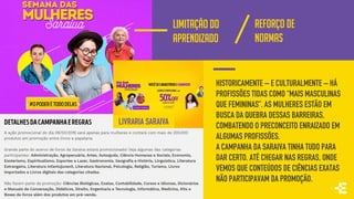HISTORICAMENTE – E CULTURALMENTE – HÁ
PROFISSÕES TIDAS COMO “MAIS MASCULINAS
QUE FEMININAS”. AS MULHERES ESTÃO EM
BUSCA DA QUEBRA DESSAS BARREIRAS,
COMBATENDO O PRECONCEITO ENRAIZADO EM
ALGUMAS PROFISSÕES.
A CAMPANHA DA SARAIVA TINHA TUDO PARA
DAR CERTO. ATÉ CHEGAR NAS REGRAS, ONDE
VEMOS QUE CONTEÚDOS DE CIÊNCIAS EXATAS
NÃO PARTICIPAVAM DA PROMOÇÃO.
LIVRARIA SARAIVA
LIMITAÇÃO DO
APRENDIZADO
REFORÇO DE
NORMAS
 
