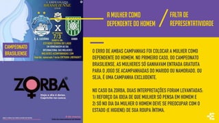 CAMPEONATO
BRASILIENSE O ERRO DE AMBAS CAMPANHAS FOI COLOCAR A MULHER COMO
DEPENDENTE DO HOMEM. NO PRIMEIRO CASO, DO CAMPEONATO
BRASILIENSE, AS MULHERES SÓ GANHAVAM ENTRADA GRATUITA
PARA O JOGO SE ACAMPANHADAS DO MARIDO OU NAMORADO. OU
SEJA, É UMA CAMPANHA EXCLUDENTE.
NO CASO DA ZORBA, DUAS INTERPRETAÇÕES FORAM LEVANTADAS:
1) REFORÇO DA IDEIA DE QUE MULHER SÓ PENSA EM HOMEM E
2) SÓ NO DIA DA MULHER O HOMEM DEVE SE PREOCUPAR COM O
ESTADO (E HIGIENE) DE SUA ROUPA ÍNTIMA.
A MULHER COMO
DEPENDENTE DO HOMEM
FALTA DE
REPRESENTATIVIDADE
 