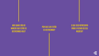Por que elas estão
se destacando?
MAS Quais são as
marcas que estão se
destacando hoje?
O que isso representa
para o futuro DO SEU
NEGÓCIO?
 