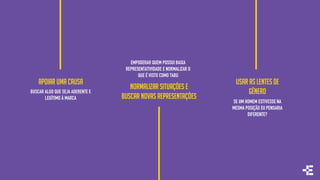 NORMALIZAR SITUAÇÕES E
BUSCAR NOVAS REPRESENTAÇÕES
APOIAR UMA CAUSA USAR AS LENTES DE
GÊNEROBUSCAR ALGO QUE SEJA ADERENTE E
LEGÍTIMO À MARCA
EMPODERAR QUEM POSSUI BAIXA
REPRESENTATIVIDADE E NORMALIZAR O
QUE É VISTO COMO TABU
SE UM HOMEM ESTIVESSE NA
MESMA POSIÇÃO EU PENSARIA
DIFERENTE?
 