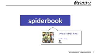 spiderbook	
  
            What’s	
  on	
  their	
  mind?	
  
                           	
  
           1	
  mutual	
  friend	
  




                                       we@caﬀeinalab.com	
  |	
  www.caﬀeinalab.com	
  	
     1	
  
 