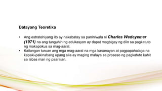 Batayang Teoretika
• Ang estratehiyang ito ay nakabatay sa paniniwala ni Charles Wedeyemer
(1971) na ang tunguhin ng edukasyon ay dapat magbigay ng diin sa pagkatuto
ng makapokus sa mag-aaral.
• Kailangan turuan ang mga mag-aaral na mga kasanayan at pagpapahalaga na
kapaki-pakinabang upang sila ay maging malaya sa proseso ng pagkatuto kahit
sa labas man ng paaralan.
 