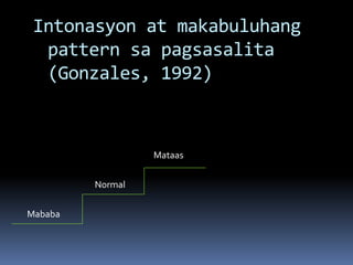 Intonasyon at makabuluhang
pattern sa pagsasalita
(Gonzales, 1992)
Mababa
Normal
Mataas
 