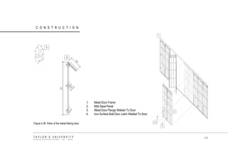 CONSTRUCTION TAYLOR‟S UNIVERSITY SCHOOL OF ARCHITECTURE, BUILDING AND DESIGN 
108 
1.Metal Door Frame 
2.Mild Steel Panel 
3.Metal Door Flange Welded To Door 
4.Iron Surface Bolt Door Latch Welded To Door 
Figure 4.38 Parts of the metal folding door.  