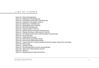 LIST OF FIGURES 
TAYLOR‟S UNIVERSITY 
SCHOOL OF ARCHITECTURE, BUILDING AND DESIGN 
xii 
Figure 4.32 Parts of the swinging doors. 
Figure 4.33 Detailed parts of the swinging door. 
Figure 4.34 Front elevation and floor plan of metal screen door. 
Figure 4.35 Folding door on the façade of Lot No. 42. 
Figure 4.36 Metal hinges on metal folding door. 
Figure 4.37 Swinging plastic door for restrooms. 
Figure 4.38 Parts of the metal folding door. 
Figure 4.39 Casement window in Lot No. 40.. 
Figure 4.40 Casement window on the façade of both shop house 
Figure 4.41 Placement of windows in shop houses No. 40 and 42. 
Figure 4.42 Front elevation and floor plan of casement window in the shop houses. 
Figure 4.43 Eye and hook hinge. 
Figure 4.44 Traditional Dutch iron hinge. 
Figure 4.45 Parts of the four panels exterior window. 
Figure 4.46 Parts of the two panels casement window. 
Figure 4.47 A haunch tenon joint. The haunch prevents the frame from twisting, making it firmer and stronger. 
Figure 4.48 Window hinges. 
Figure 4.51 Terracotta roof tiles. 
Figure 4.52 Poly-carbonate panels to cover the courtyard openings. 
Figure 4.53 Types of roof in shop houses No. 40 and 42. 
Figure 4.54 Roof truss. 
Figure 4.55 Slotting technique to construct the roof truss. 
 