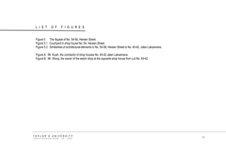 LIST OF FIGURES 
TAYLOR‟S UNIVERSITY 
SCHOOL OF ARCHITECTURE, BUILDING AND DESIGN 
xiii 
Figure 5 The façade of No. 54-56, Hereen Street. 
Figure 5.1 Courtyard in shop house No. 54, Hereen Street. 
Figure 5.2 Similarities of architectural elements in No. 54-56, Hereen Street to No. 40-42, Jalan Laksamana. 
Figure A Mr. Kuah, the contractor of shop houses No. 40-42 Jalan Laksamana. 
Figure B Mr. Wong, the owner of the watch shop at the opposite shop house from Lot No. 40-42. 
 