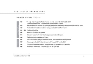 HISTORICAL BACKGROUND 
MALACCA HISTORY TIMELINE 
BRITISH COLONIZATION 
1824 The Anglo Dutch Treaty or the Treaty of London was made between the Dutch and the British. The British gives Bencoolen, in Sumatra to the Dutch and Malacca to British.. 1826 Malacca, Penang and Singapore are incorporated as the Straits Settlements of the India government under the British. 1867 The Straits Settlements become a Crown Colony under the Colonial Office in London. 1941 - 1945 The Second World War 1942 Malacca is occupied by the Japanese. 1945 Malacca is restored to the British after the Japanese surrender in Singapore. 1948 The Communist controls Malaya for 14 days. 1956 Tunku Abdul Rahman, Malaysia's first Prime Minister, announces the news of independence. 1957 Malaysia gains "Merdeka" independence on the 31st August 1957 from the British. 1963 Formation of Malaysia with Malacca, Singapore, Sabah and Sarawak forging a new nation. 1989 Proclamation of Malacca as a Historical City on the 15th April, 1989 
MERDEKA 
TAYLOR‟S UNIVERSITY 
SCHOOL OF ARCHITECTURE, BUILDING AND DESIGN 
12  