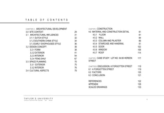TABLE OF CONTENTS 
CHAPTER 3 ARCHITECTURAL DEVELOPMENT 
3.0 SITE CONTEXT 
3.1 ARCHITECTURAL INFLUENCES 
3.1.1 DUTCH STYLE 
3.1.2 SOUTHERN CHINA STYLE 
3.1.3 EARLY SHOPHOUSES STYLE 
3.2 DESIGN CONCEPT 
3.2.1 FORM 
3.2.2 EXTERIOR 
3.2.3 INTERIOR 
3.2.4 „FENG SHUI‟ 
3.3 SPACE PLANNING 
3.3.1 EXTERIOR 
3.3.2 INTERIOR 
3.4 CULTURAL ASPECTS 
CHAPTER 4 CONSTRUCTION 
4.0 MATERIAL AND CONSTRUCTION DETAIL 
4.0.1 FLOOR 
4.0.2 WALL 
4.0.3 COLUMN AND PILASTER 
4.0.4 STAIRCASE AND HANDRAIL 
4.0.5 DOOR 
4.0.6 WINDOW 
4.0.7 ROOF 
CHAPTER 5 CASE STUDY: LOT NO. 54-56 HEREEN STREET 
CHAPTER 6 DISCUSSION: A FORGOTTEN STREET 
6.1 A FORGOTTEN STREET 
6.2 FACTORS 
6.3 CONCLUSION 
REFERENCES 
APPENDIX 
SCALED DRAWINGS 
TAYLOR‟S UNIVERSITY 
SCHOOL OF ARCHITECTURE, BUILDING AND DESIGN 
v 
29 31 32 34 36 38 38 41 54 67 70 75 76 79 
81 
81 
84 
89 
91 
102 
109 
114 
117 
119 
119 
120 
121 
122 
126 
133  