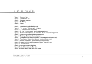 LIST OF FIGURES 
TAYLOR‟S UNIVERSITY 
SCHOOL OF ARCHITECTURE, BUILDING AND DESIGN 
vi 
Figure 1 Measuring tape. 
Figure 1.1 Laser measure tool. 
Figure 1.2 Adjustable set square. 
Figure 1.3 Scaffolding. 
Figure 1.4 Ladder. 
Figure 2 Parameswara under the Malacca tree. 
Figure 2.1 The fortress of Malacca map by Portuguese. 
Figure 2.2 A‟ Famosa. (Source: www.cuti.my) 
Figure 2.3 St. Peter‟s Church. (Source: sayangmelaka.blogspot.com) 
Figure 2.4 Riverside Malacca during Dutch colonization. (Source:kotasejarah.blogspot.com) 
Figure 2.5 Christ Church. (Source:destinationtomalaysia.com) 
Figure 2.6 Stradthuys. (Source: sunflowerholidays.com) 
Figure 2.7 Japanese riding bicycles through Malaya. (Source: kotasejarah.blogspot.com) 
Figure 2.8 Protest against Malayan Union. (Source: kotasejarah.blogspot.com) 
Figure 2.9 Towards independence. (Source: kotasejarah.blogspot.com) 
Figure 2.10 Malacca World Heritage City signboard. (Source: dreamstime.com) 
Figure 2.11 Jalan Laksamana. 
Figure 2.12 Lot No. 40-42 Jalan Laksamana. 
Figure 2.13 Jalan Laksamana under Core Zone. 
Figure 2.14 Location plan of Lot No. 40-42 shop houses. 
 