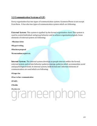 xiii
3.2 Communication Systems of GP:
Every organization has two types of communication system. Grameen Phone is not except
from them. It has also two types of communication system which are following:
External System: This system is typified by the formal organization chart. This system is
used to control individual and group behavior and to achieve organizational goals. Some
elements of external system are following:
#Business letter
#Report writing
#Business proposal
Memorandum report etc.
Internal System: The internal system develops as people interact within the formal,
external system and certain behavior patterns emerge, patterns which accommodate social
and psychological needs. In internal system, both formal and informal elements of
communication are used which are following:
#Grapevine
#Face to face communication
#PABX
#Mobile
#Letter etc
 
