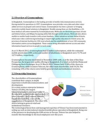 vi
2.1 Overview of Grameenphone:
In Bangladesh, Grameenphone is the leading provider of mobile telecommunication services.
Having started its operations in 1997, Grameenphone now provides voice,data and other value-
added services on prepaid and contract bases. Grameenphone has been a pioneer in bringing
innovative mobile-based solutions to Bangladesh. Notable among these are the Healthline, a 24-
hour medical call centre manned by licensed physicians, Mobicash, for electronic purchase of train
and lottery tickets, and Billpay forpaying utility bills through mobile phones, Mobicash also allows
mobile-to-mobile funds transfers withcertain handsets. Other initiatives include Online Schools,
whichuses video conferencing technology to impart high quality education in remote areas, the
provision of internet facilitiesfor 250 rural schools and the establishment of over330 community
information centres across Bangladesh. These centres bring affordableinternet access and other
information-based services to people in rural areas.
As at 31 March 2015, Grameenphone had 52 million subscriptions, while the estimated
mobile penetration (SIM cards) and number of inhabitants in Bangladesh were 73.7% and
167.9 million, respectively.
Grameenphone became stock listed in November 2009, with, as at the date of this Base
Prospectus, the largest ever public offering in Bangladesh. It is listed on both the Dhaka and
Chittagong Stock Exchanges. As at 31 March 2015, Telenor held 55.8% of the shares in
Grameenphone, while Grameen Telecom, the other main shareholder, held 34.2%. The
remaining 10% of the shares were held by general retail and institutional investors.
2.2 Ownership Structure:
The shareholders of Grameenphone
contribute their unique, in-depth
experience in both telecommunications and
development.
It is a joint venture enterprise between
Telenor (55.8%), the largest
telecommunications service provider in
Norway with mobile phone operations in 12
other countries, and Grameen Telecom
Corporation (34.2%), a non-profit
organization of Bangladesh. The other 10%
shares belong to general retail and
institutional investors.
The technological know-how and managerial expertise of Telenor has been instrumental in
setting up such an international standard mobile phone operation in Bangladesh. Being one
of the pioneers in developing the GSM service in Europe, Telenor has also helped to
transfer this knowledge to the local employees over the years
 