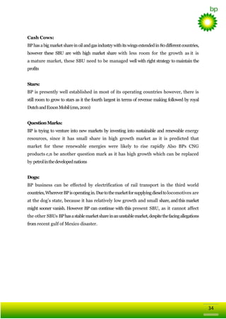 Cash Cows:
BP has a big market share in oil and gas industry with its wings extended in 80 different countries,
however these SBU are with high market share with less room for the growth as it is
a mature market, these SBU need to be managed well with right strategy to maintain the
profits
Stars:
BP is presently well established in most of its operating countries however, there is
still room to grow to stars as it the fourth largest in terms of revenue making followed by royal
Dutch and Exxon Mobil (cnn, 2010)
Question Marks:
BP is trying to venture into new markets by investing into sustainable and renewable energy
resources, since it has small share in high growth market as it is predicted that
market for these renewable energies were likely to rise rapidly Also BPs CNG
products c,n be another question mark as it has high growth which can be replaced
by petrol in the developed nations
Dogs:
BP business can be effected by electrification of rail transport in the third world
countries, Wherever BP is operating in. Due to the market for supplying diesel to locomotives are
at the dog‘s state, because it has relatively low growth and small share, and this market
might sooner vanish. However BP can continue with this present SBU, as it cannot affect
the other SBUs BP has a stable market share in an unstable market, despite the facing allegations
from recent gulf of Mexico disaster.

34

 
