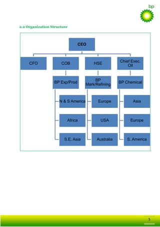 2.2 Organization Structure

CEO

CFO

COB

HSE

Chief Exec.
Oil

BP Exp/Prod

BP
Mark/Refining

BP Chemical

N & S America

Europe

Asia

Africa

USA

Europe

S.E. Asia

Australia

S. America

5

 