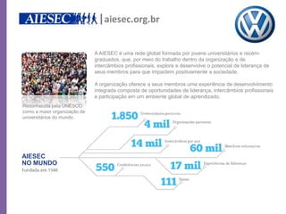 |aiesec.org.br

                              A AIESEC é uma rede global formada por jovens universitários e recém-
                              graduados, que, por meio do trabalho dentro da organização e de
                              intercâmbios profissionais, explora e desenvolve o potencial de liderança de
                              seus membros para que impactem positivamente a sociedade.

                              A organização oferece a seus membros uma experiência de desenvolvimento
                              integrada composta de oportunidades de liderança, intercâmbios profissionais
                              e participação em um ambiente global de aprendizado.
Reconhecida pela UNESCO
como a maior organização de
universitários do mundo.




AIESEC
NO MUNDO
 